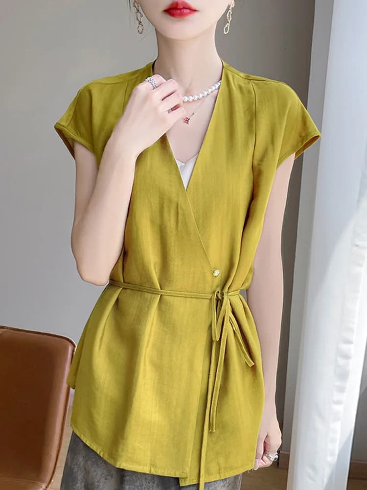 Camicia Estiva da Donna con Scollo a V, Manica Corta, in Misto Seta Cotone Lino, Stile Casual alla Moda, Traspirante e Assorbente