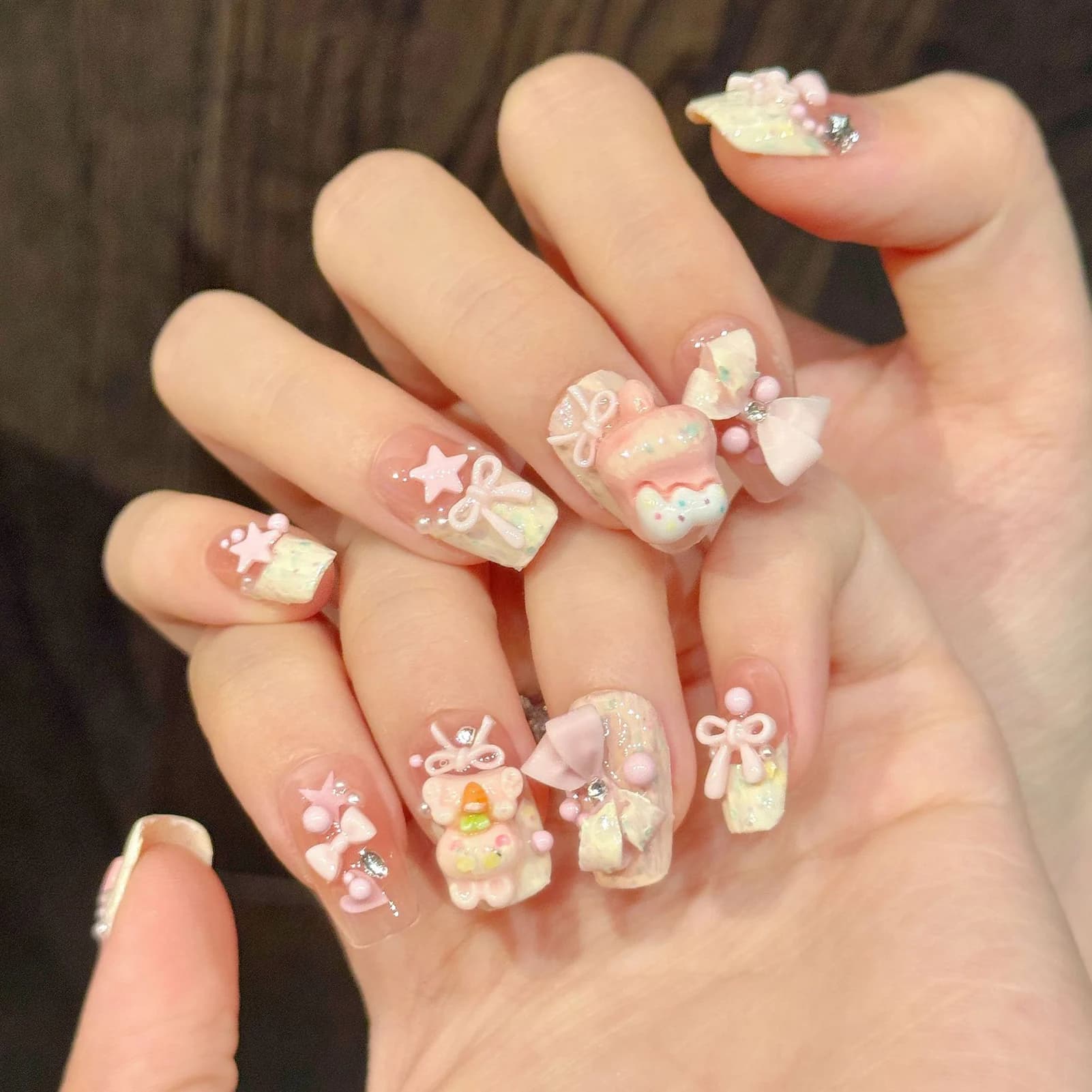 10pcs Cute French False Nails Handmade Press On Nails With Cartoon 3D Star Bow Decor Full Cover Blush Ballet Artificial Nail Tip