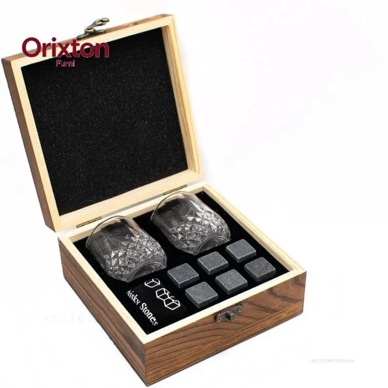 Father's Day Gift Whiskey Stone Glass Wine Set Granite Ice Block for Whisky Wood Bottle Box Present for Dad Husband