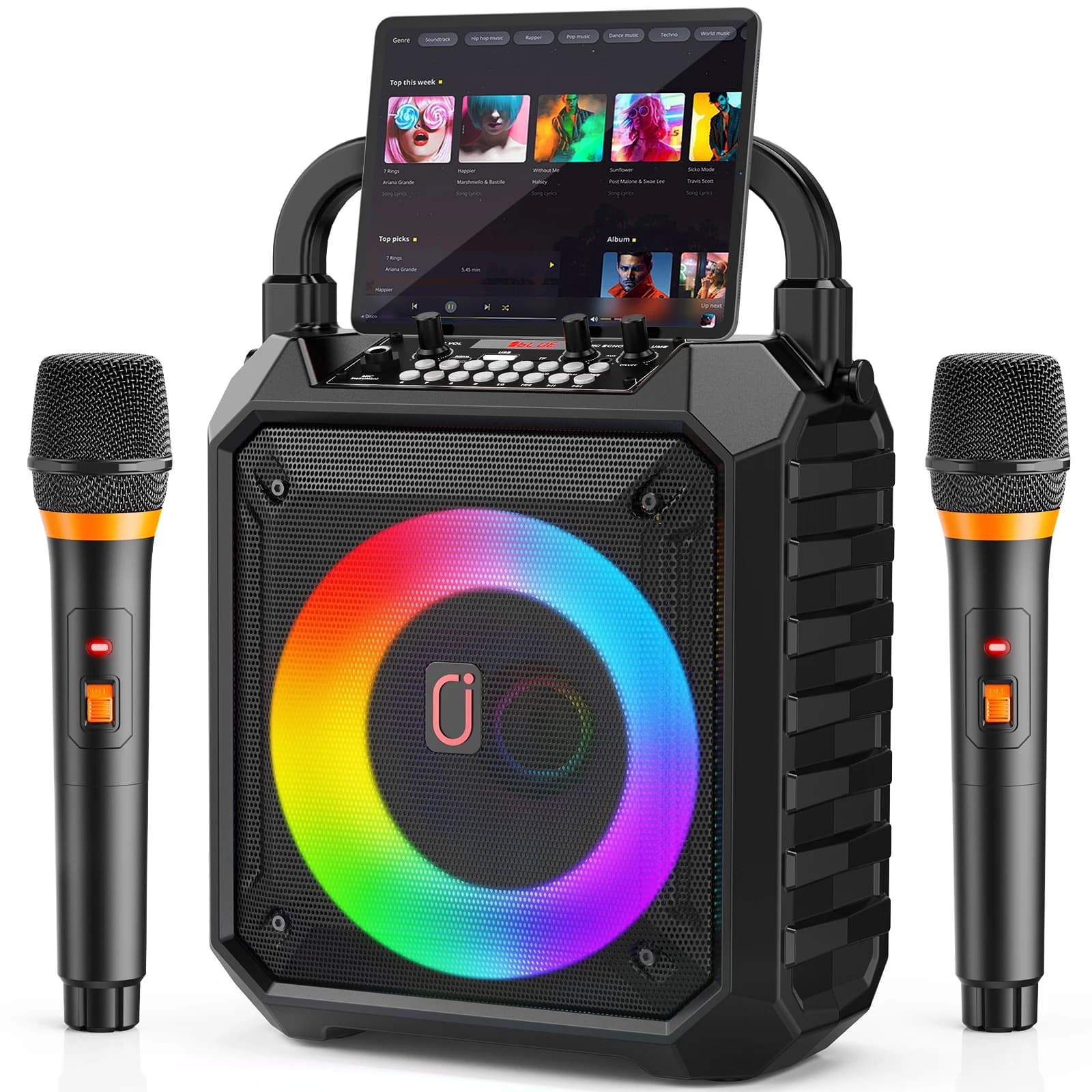 Macchina per Karaoke T17 con 2 Microfoni Wireless, Altoparlante Portatile con Luci LED per Bambini e Adulti, per Feste
