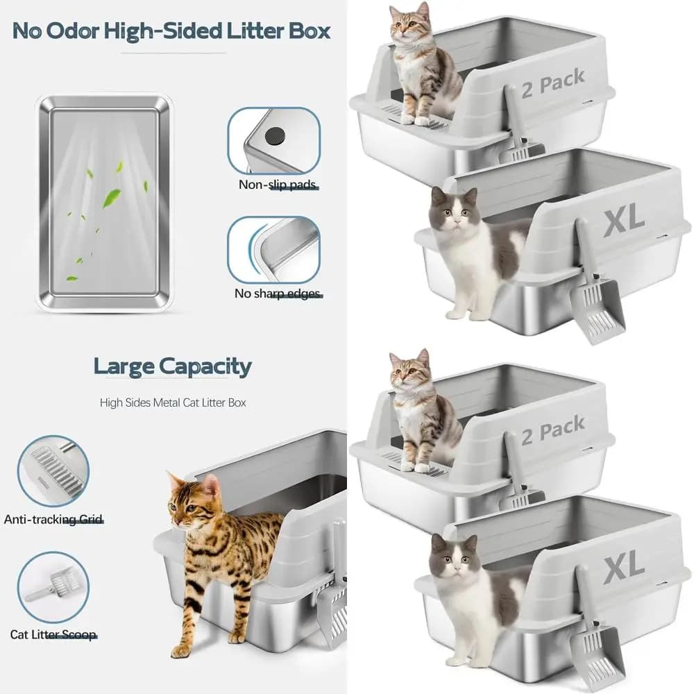 Lettiera per Gatti XL in Acciaio Inossidabile con Bordi Alti e Paletta, 22.9x15x10.3, Anti-Schizzi, Controllo Odori, Antiaderente, Facile da Pulire