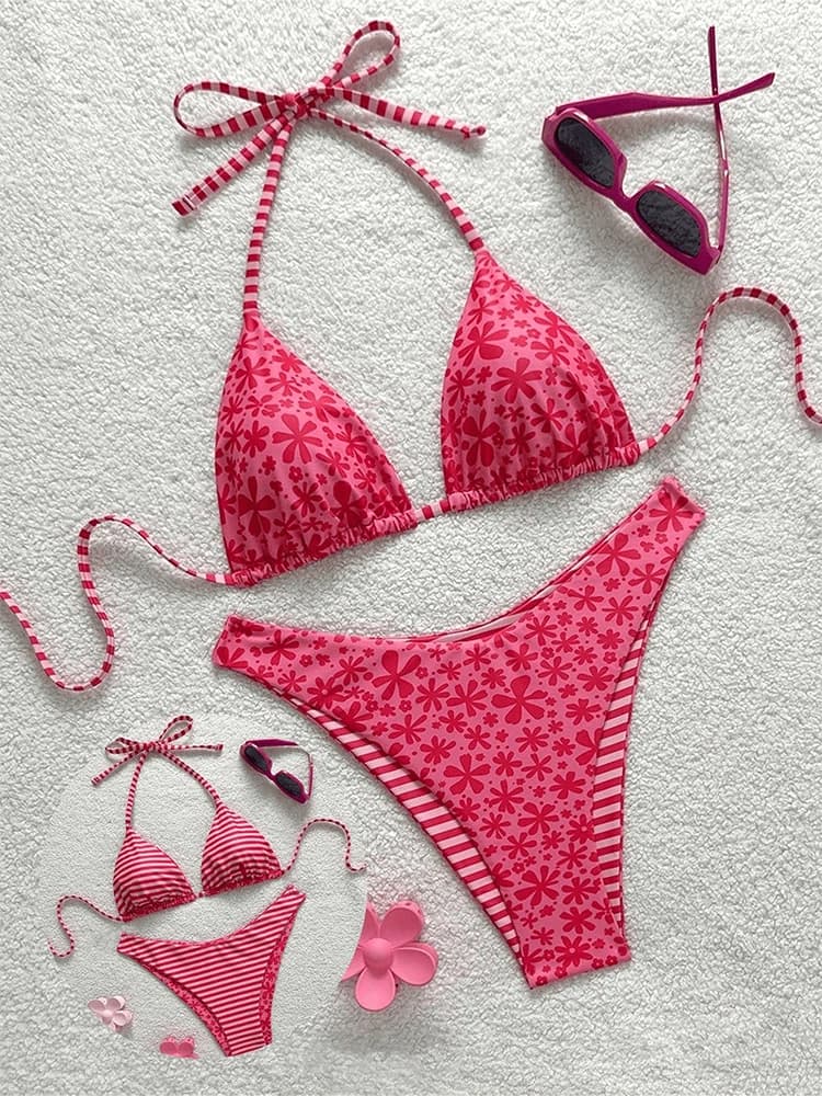 Women Reversible Bikini Set Floral Print 2 Pieces Halter Triangle Swimsuit Summer Beach Thong Stripe Swimwear Pool Bathing Suit