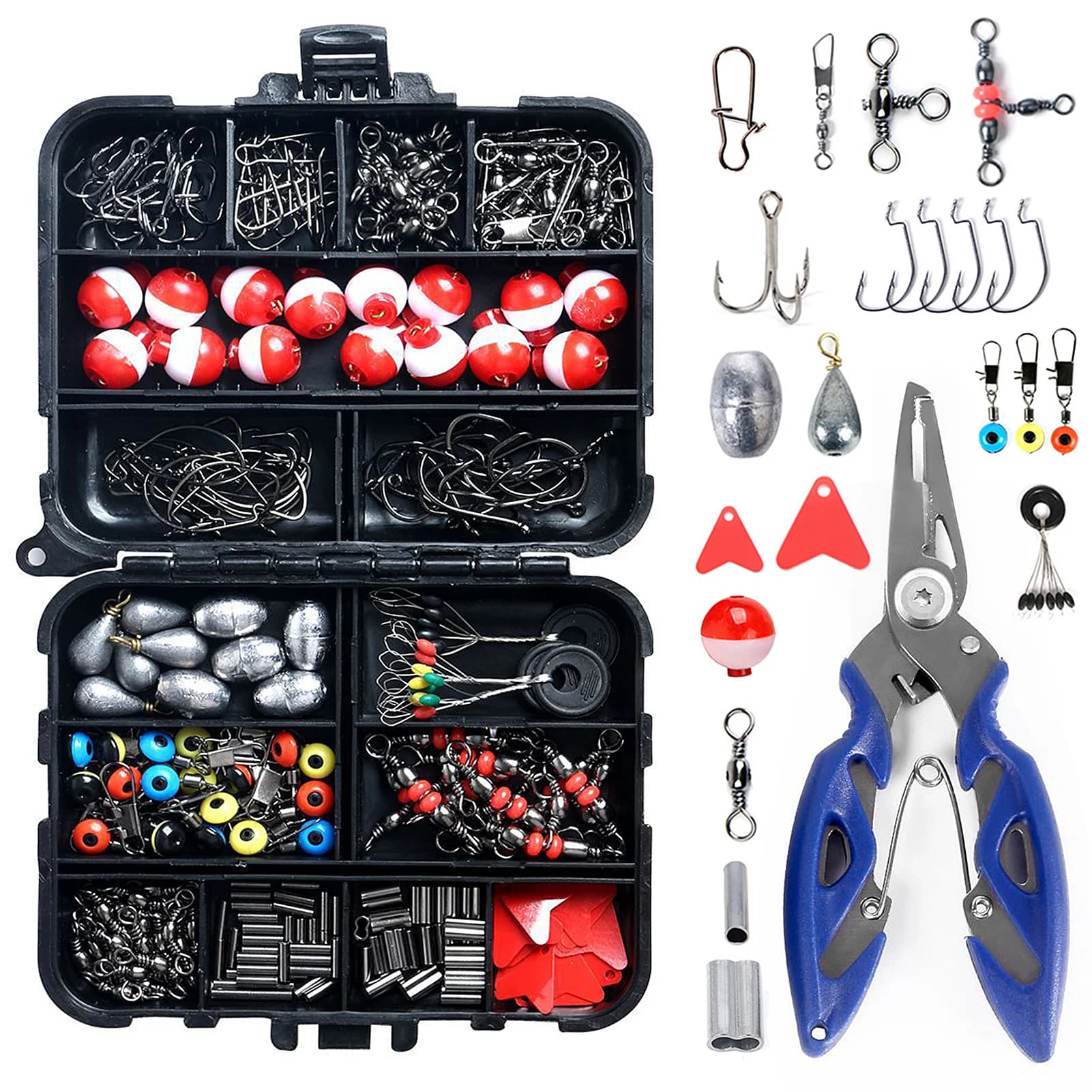 263 pieces Outdoor fishing accessories set with equipment box, including pliers, jig hooks, ballasts, turntables, automatic buttons, slide kit for ballasts