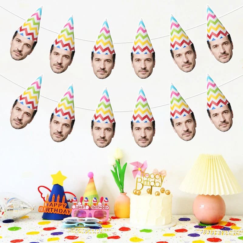6/12pcs Custom Portrait Face Colorful Striped Birthday Hat Style Banner Decor Festival Celebration Birthday Fun Hanging Ornament