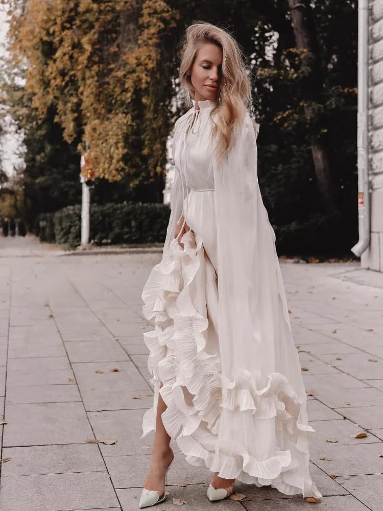 Abito lungo da donna con volant solido Abito lungo con scollo a V con risvolto senza maniche a pieghe a vita alta Abiti chic 2025 Abiti estivi da donna per le vacanze