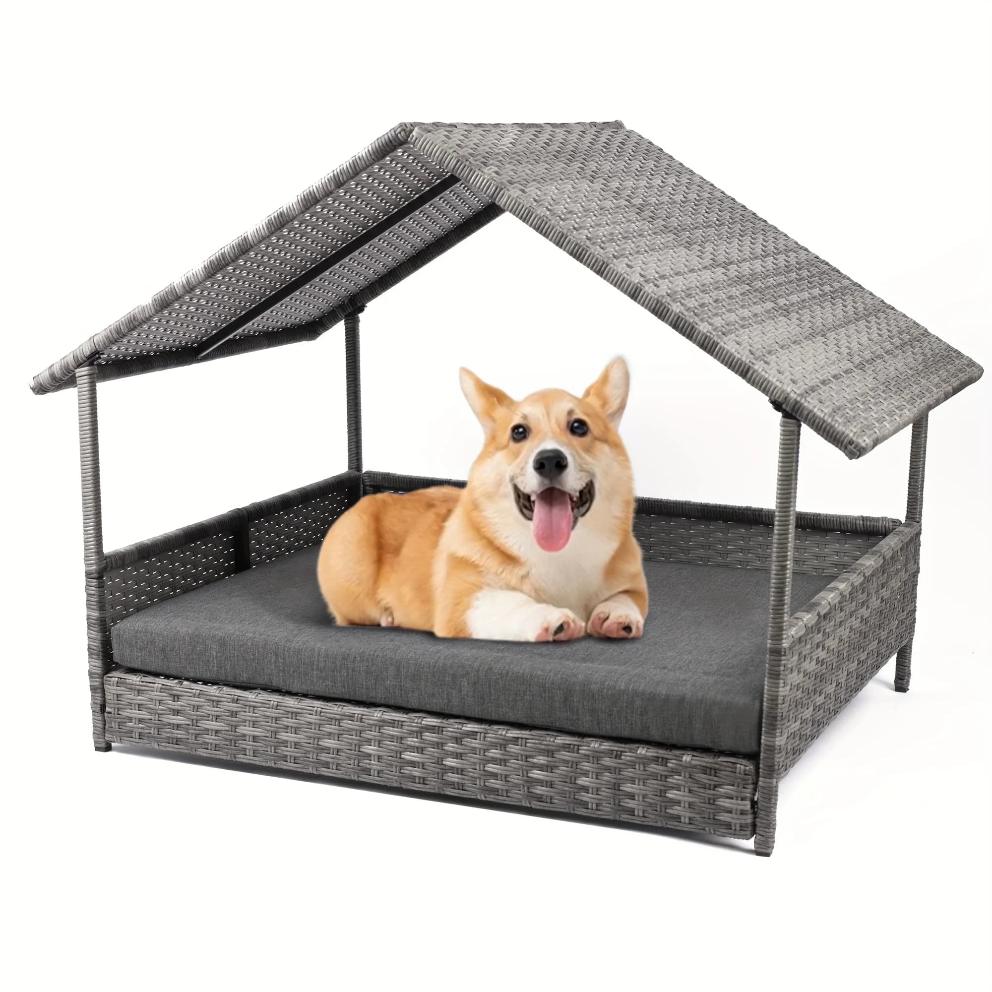 Cuccia rialzata in rattan per cani con tettoia, casetta da esterno per cani di taglia grande con cuscino, riparo in rattan per cani di piccola, media e grande taglia con copertura protettiva
