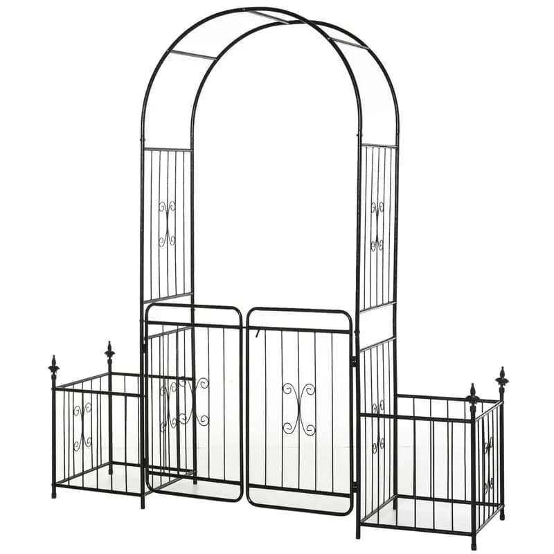 Outsunny 86" Garden Arch Arbor, Metal Arch Trellis with Gate and Planter Baskets, Garden Archway for Climbing Vines, Wedding Ceremony Decoration, Flourishes & Arrow Tips, Black