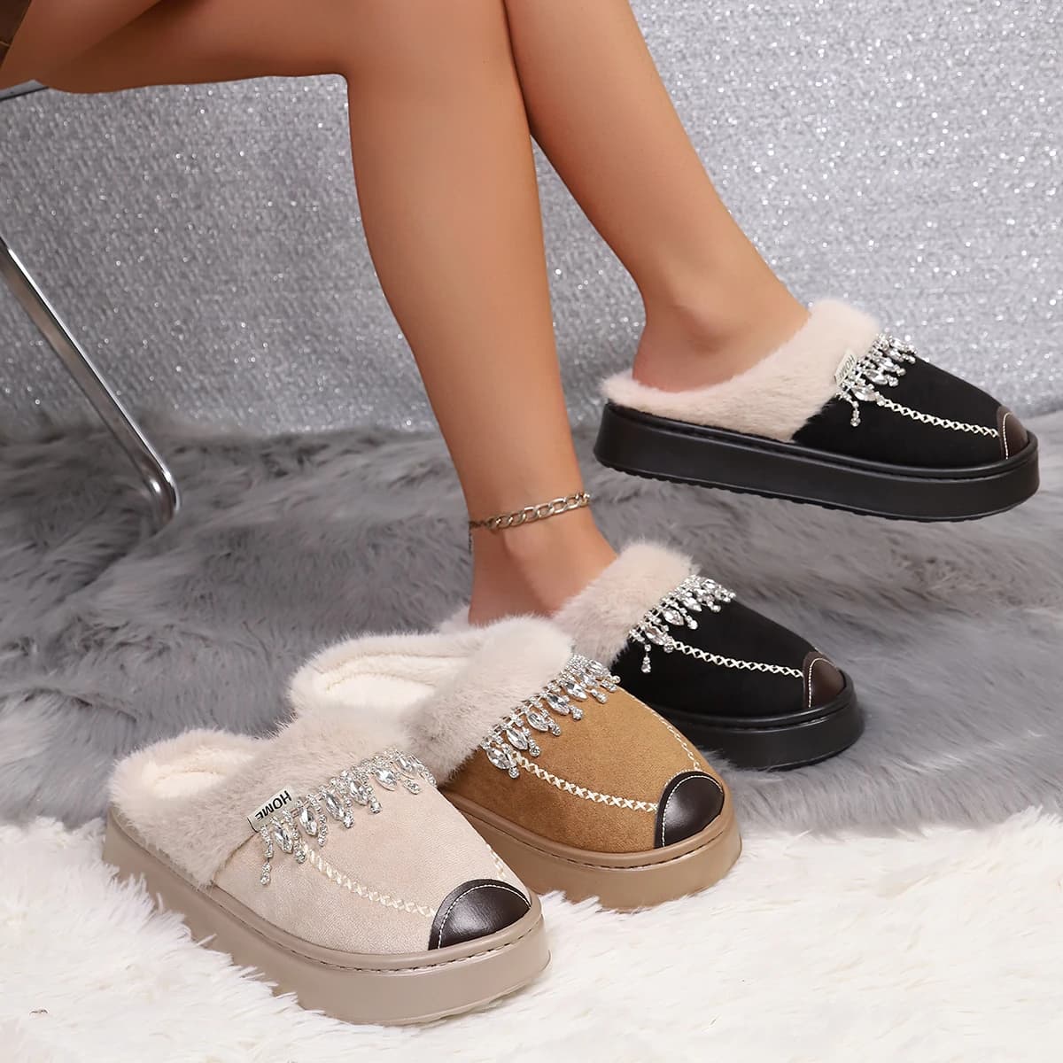 2026 Fall/Winter New French Retro Casual Versatile Plush Flat Slip-On Slippers