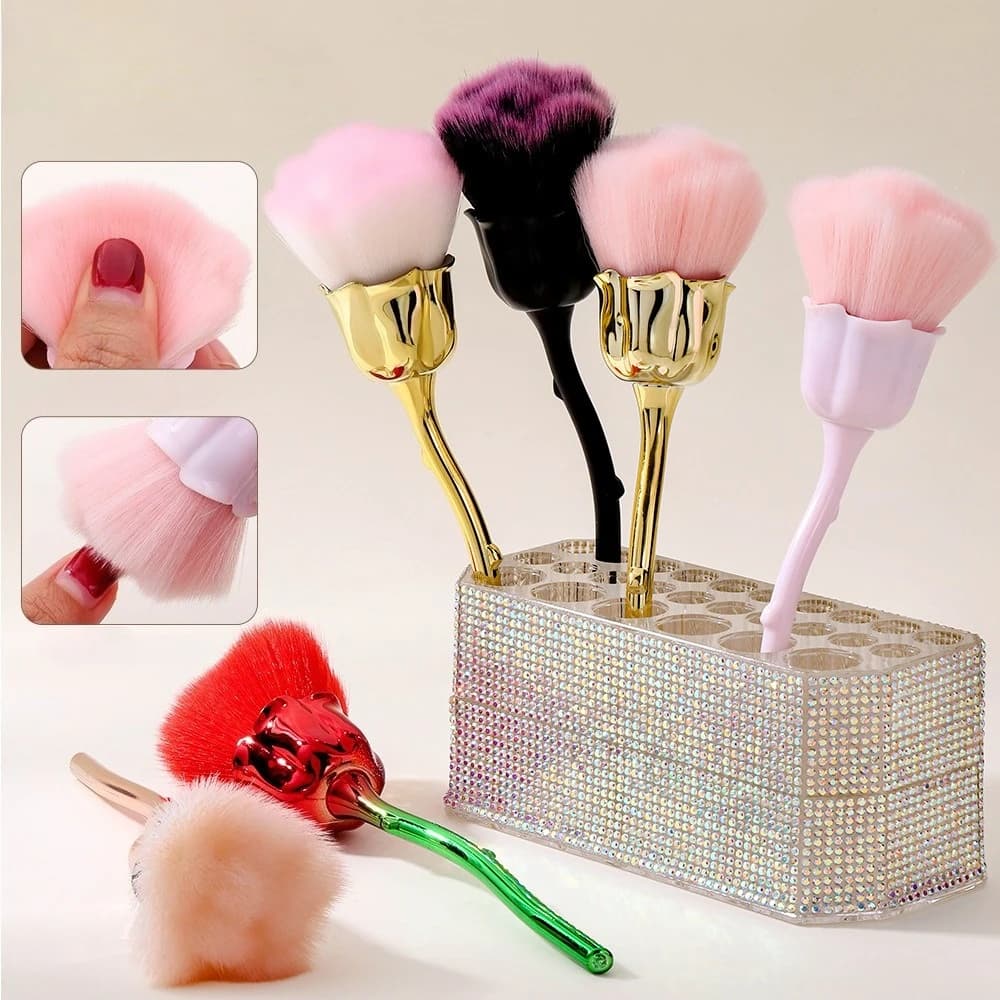 Spazzola per polvere per unghie a forma di rosa, spazzola per la pulizia della polvere per manicure in nylon ultra morbido, strumento per la pulizia delle unghie a forma di rosa