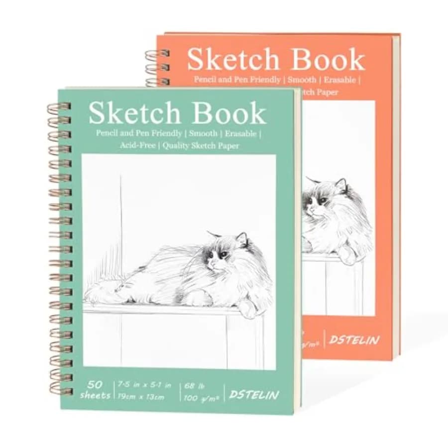 7.5 x 5.1 Inch Mini Hardcover Sketchbook Set, 2-PC, Spiral Bound, 50 Acid-Free Drawing Sheets Each, Pink and Green Covers, Idea