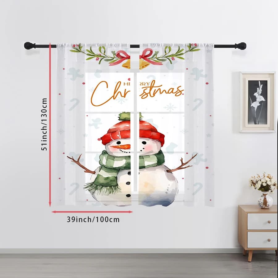 2PCS Merry Christmas Snowman Sheer Curtains
