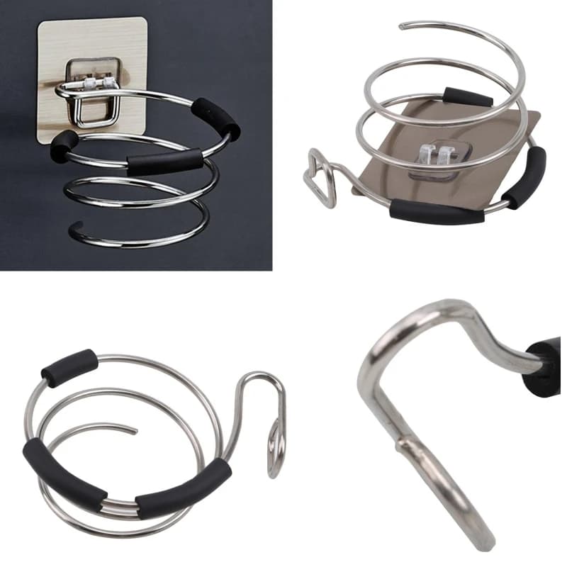 Hairdryer holder, blower organizer, adhesive, wall mounting, without nails, without drilling, stainless steel spiral support, for bathroom