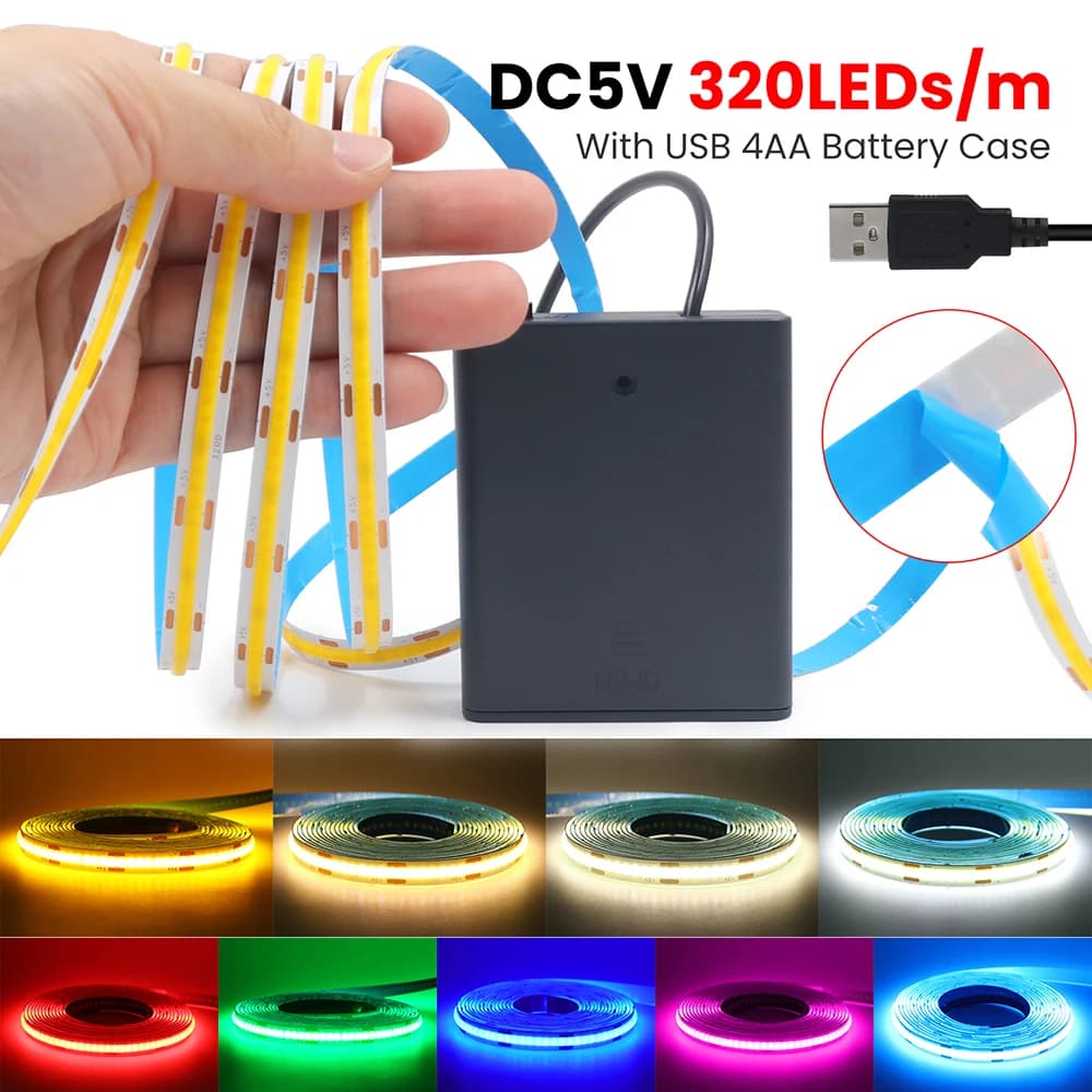 5V Switch Battery USB Power COB Led Strip Light 3mm 5mm 8mm PCB White Blue Pink Red Yellow 320 LEDs Flexible Adhesive Tape Decor