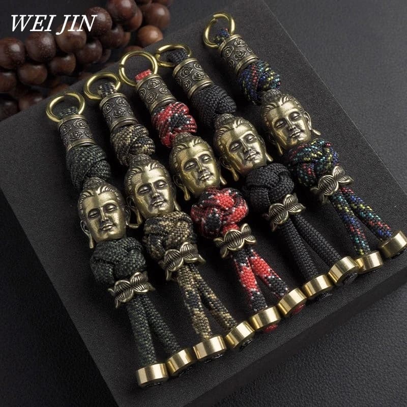 Hand-made brass keychain, handcrafted car keychain, engraved Buddha statue, outdoor backpack pendant, small man gift ring