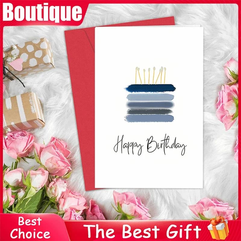 Biglietto d'auguri minimalista blu con tratto di penna e design a candela, elegante biglietto di buon compleanno scritto a mano