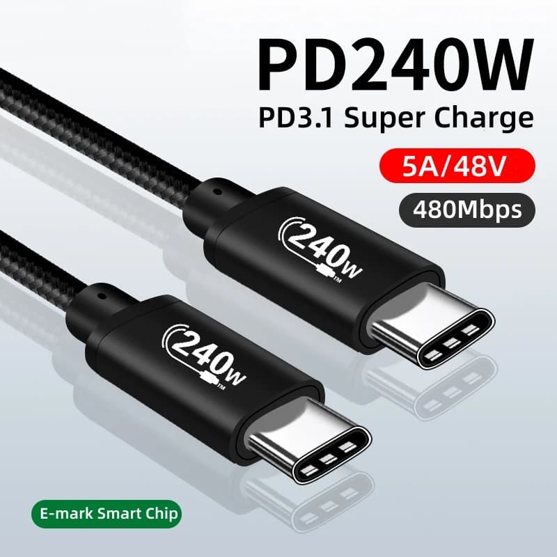 240W USB C to Type-C Cable 48V 5A PD3.1 Smart E-mark Super Quick Charge USB C Data Cable for MacBook iPad Pro Samsung Huawei