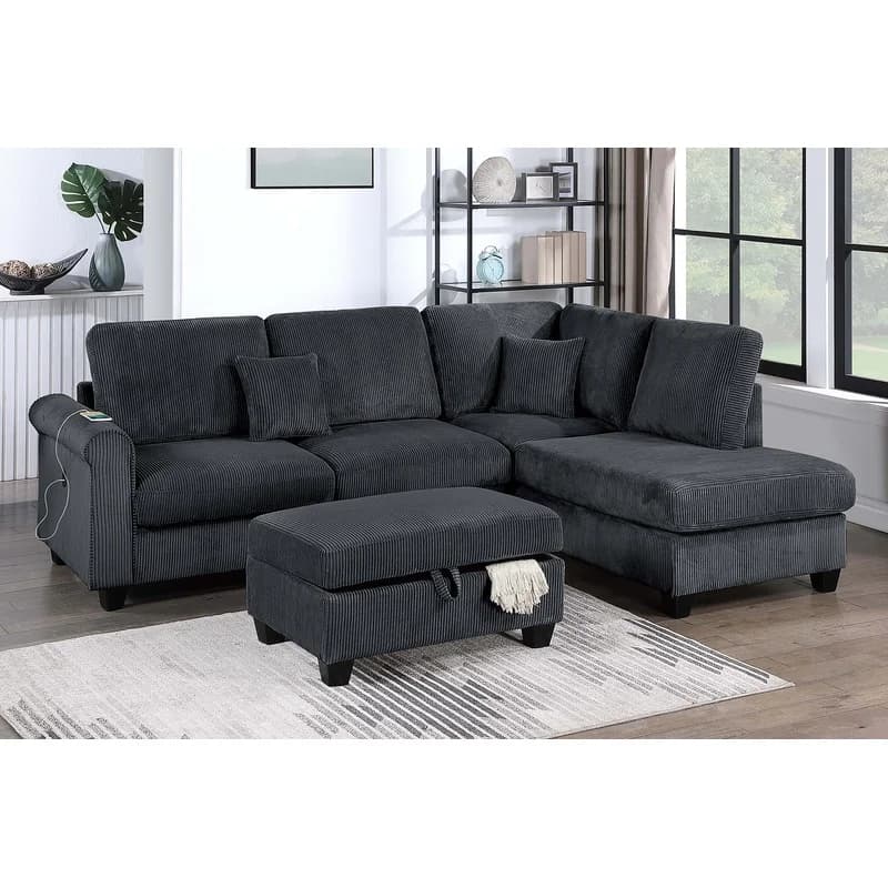 Modern 3-Piece Sectional Sofa with Right Chaise, Left Arm Lounge, USB Charging Ottoman, Throw Pillow, Wooden Legs, Black Finish – Living Room Furniture