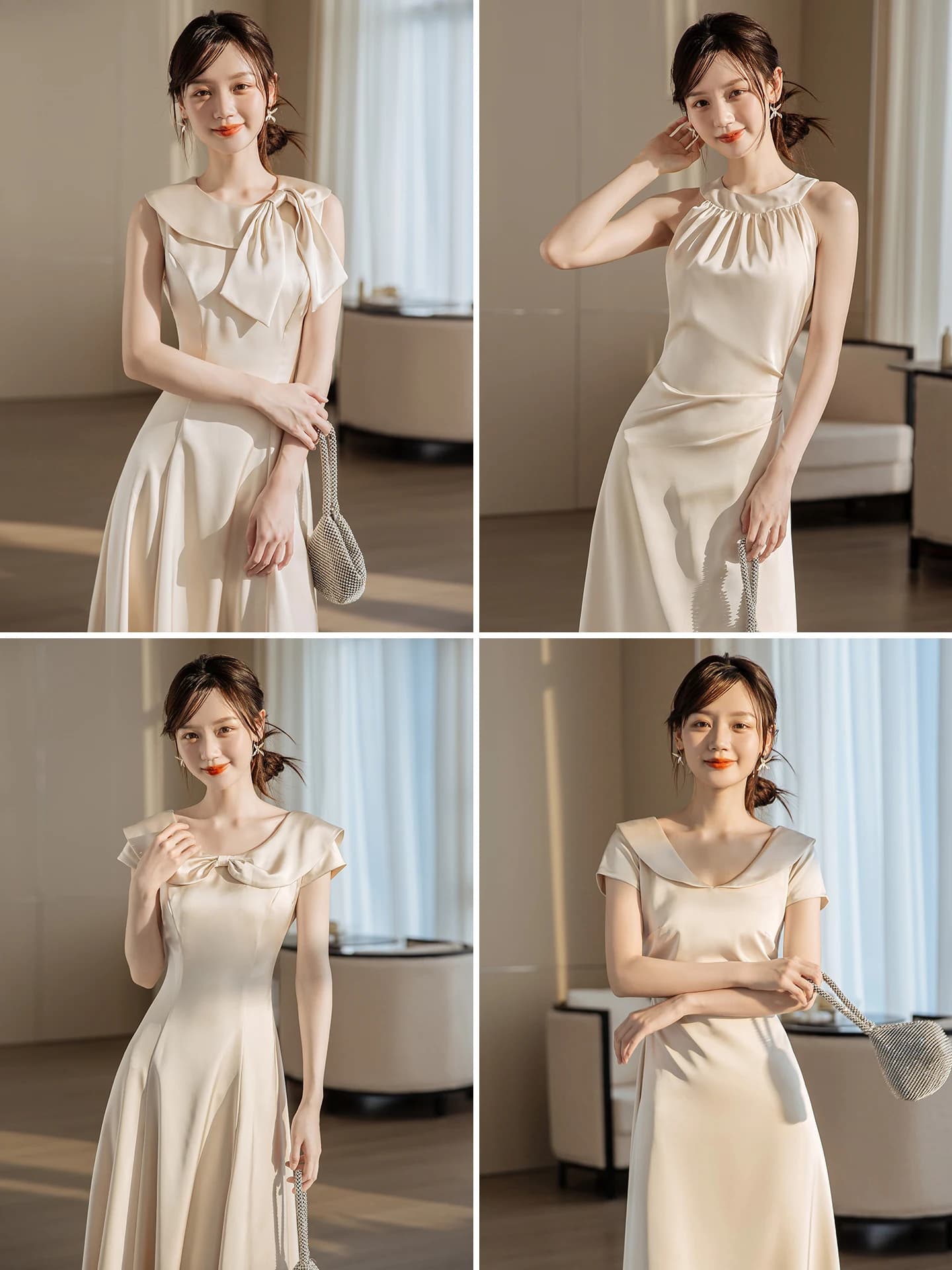 Abiti da Damigella in Raso Champagne Stile Coreano per Matrimoni e Cerimonie di Fidanzamento, Gonne a Linea A Corte e Abiti Lunghi per Gruppi di Sorelle