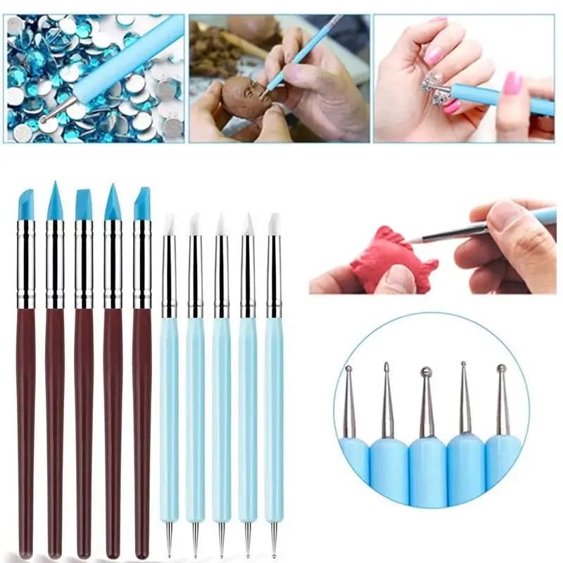 Set of 1/10/15 Silicone Pens to Double Nail Art Tip with Rhinestones, Sculpture Pen/Tool for Cut 3D Flowers/Necklace Punching Brush