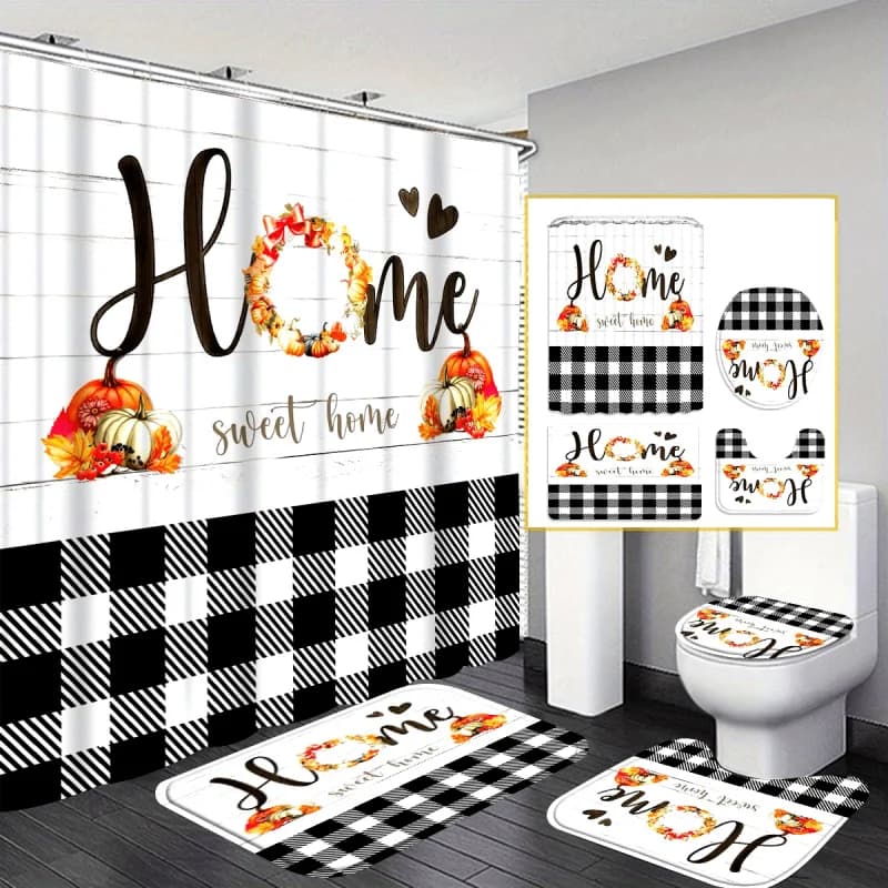 4pcs Hallowmas Pumpkin and Black and White Check Shower Curtain Gift Modern Home Bathroom Decoration Curtain and Toilet Flo