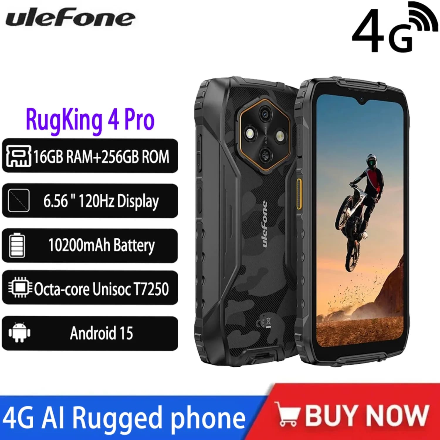 NUOVO Global Ulefone RugKing 4 Pro AI 4G Smartphone robusto Android 15 5.45 "Fino a 16 GB + 256 GB Telefono cellulare 10200 mAh NFC Cellulare