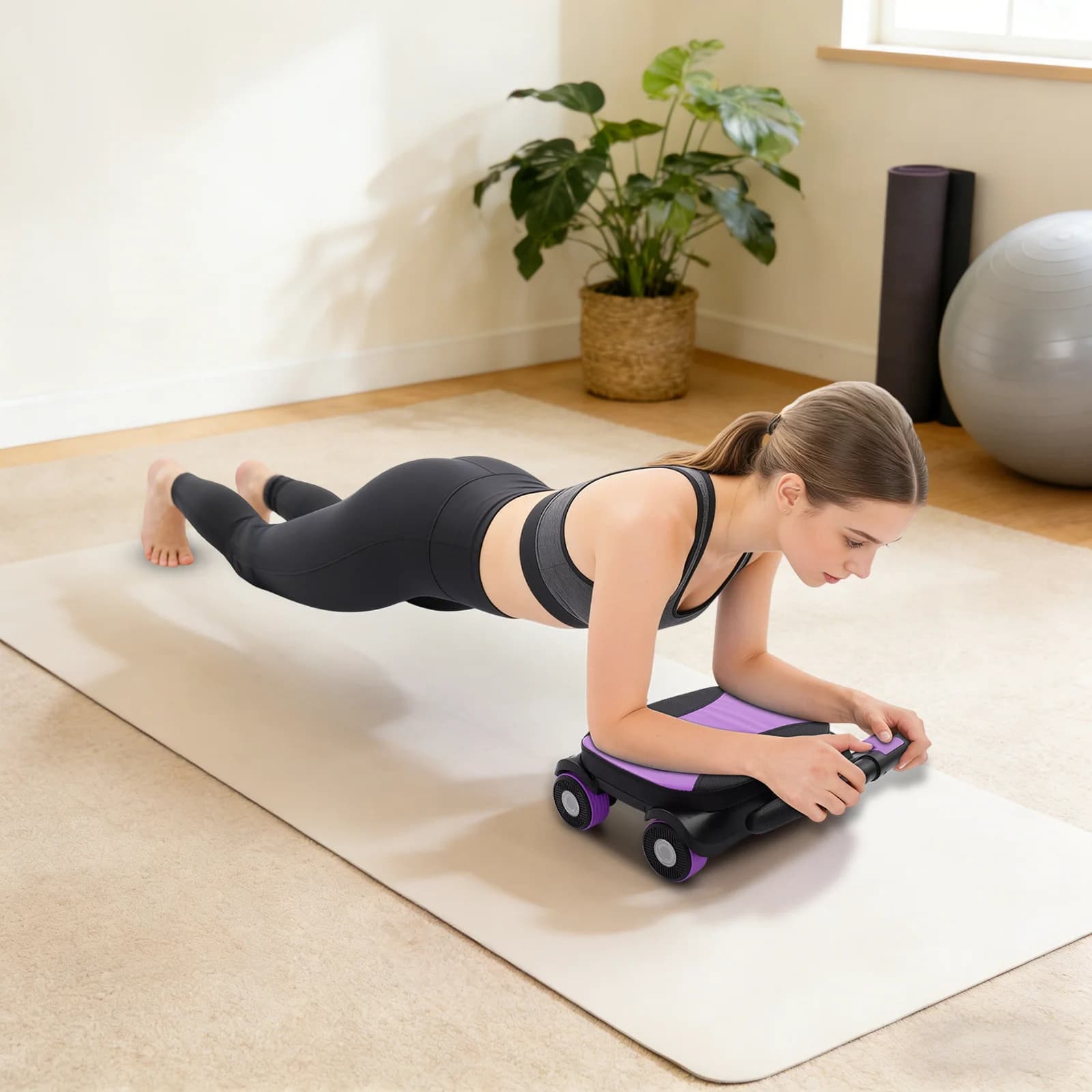 AB four wheel roller with elbows support, folding handles, abdominal and core training wheel, AB anti-rebalt roller with phone support