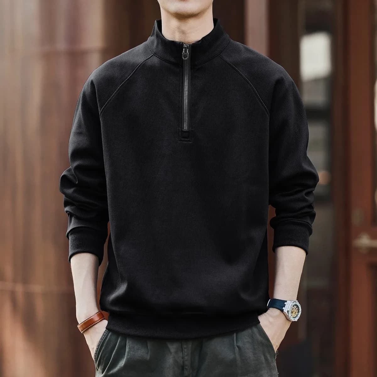American Retro Men's Hoodie Zipper Closure Loose Casual Stand Collar Jacket Breathable Anti-Wrinkle Polyester Fabric Long Sleeve