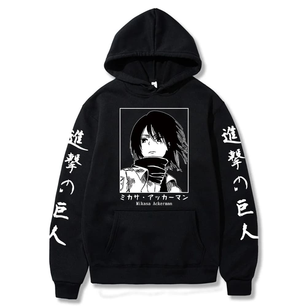 Felpa con cappuccio Anime giapponese Mikasa Ackerman Stampa unisex Streetwear Stile Hip Hop Autunno Inverno Moda Hip Hop Top Vestiti