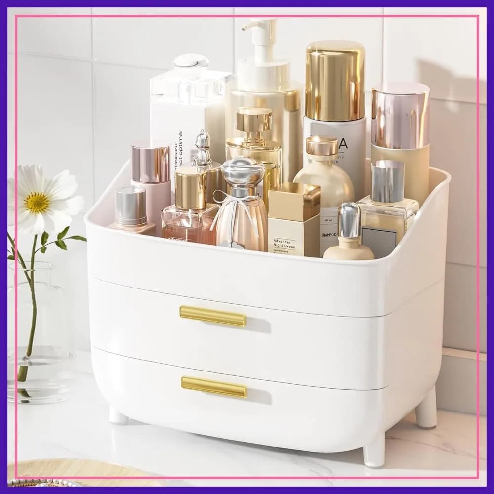 Organizzatore per Cosmetici e Prodotti Skincare a 3 Livelli con Cassetti per Toeletta e Piano del Bagno, Grande Contenitore Portaoggetti per Cosmetici da Comodino, Base Antiscivolo