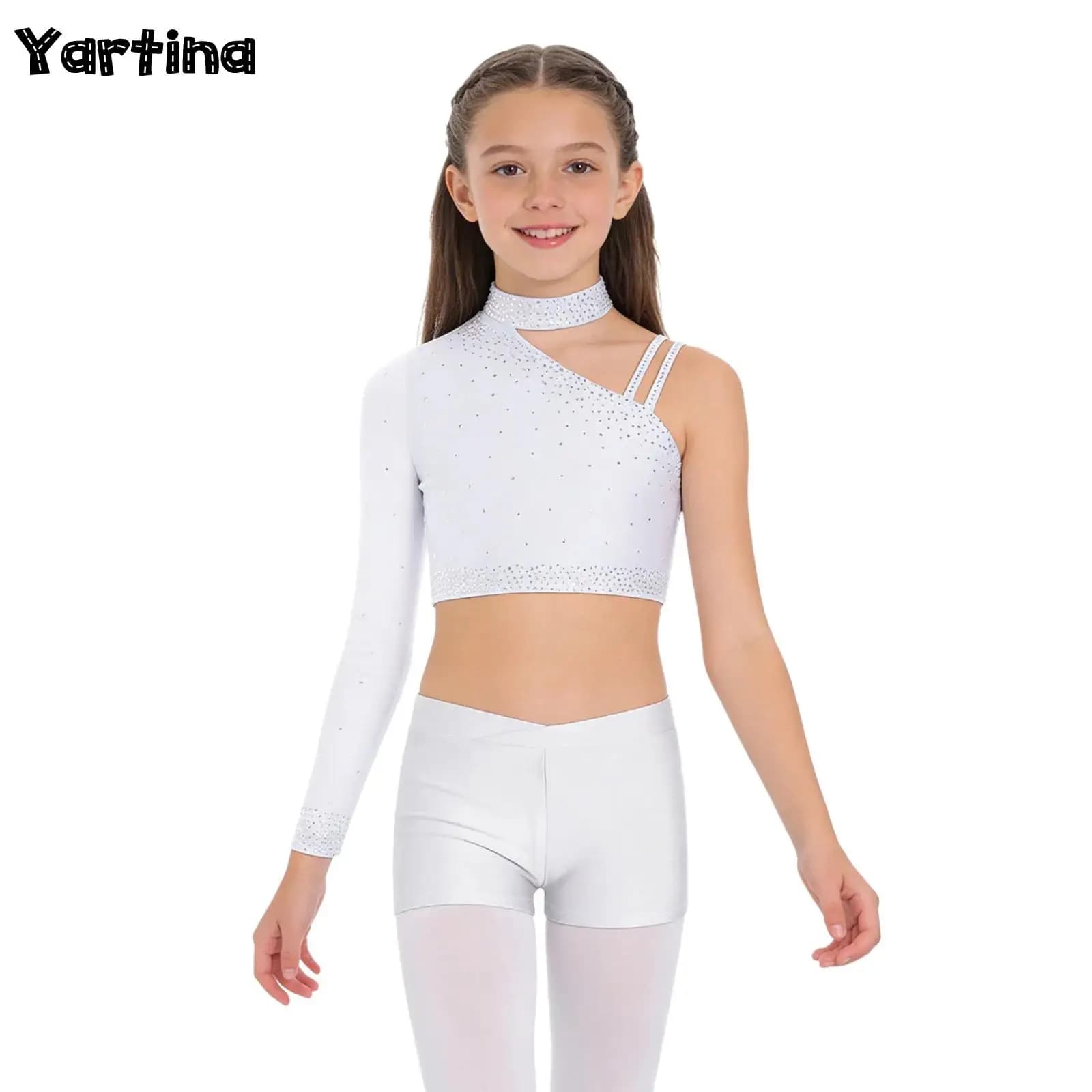 Kids Girls Sparkly Rhinestones Ballet Dance Outfits Crop Top Shorts Gymnastics Figure Skating Ballet Dance Performance Costume