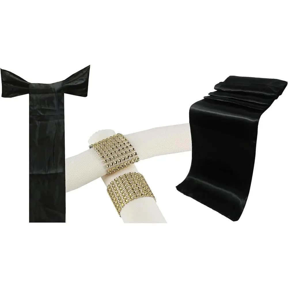 Confezione da 10 runner da tavola in raso 12x108 pollici, 50 fiocchi per sedia, 50 anelli portatovaglioli in plastica per banchetti nuziali e decorazioni per la casa