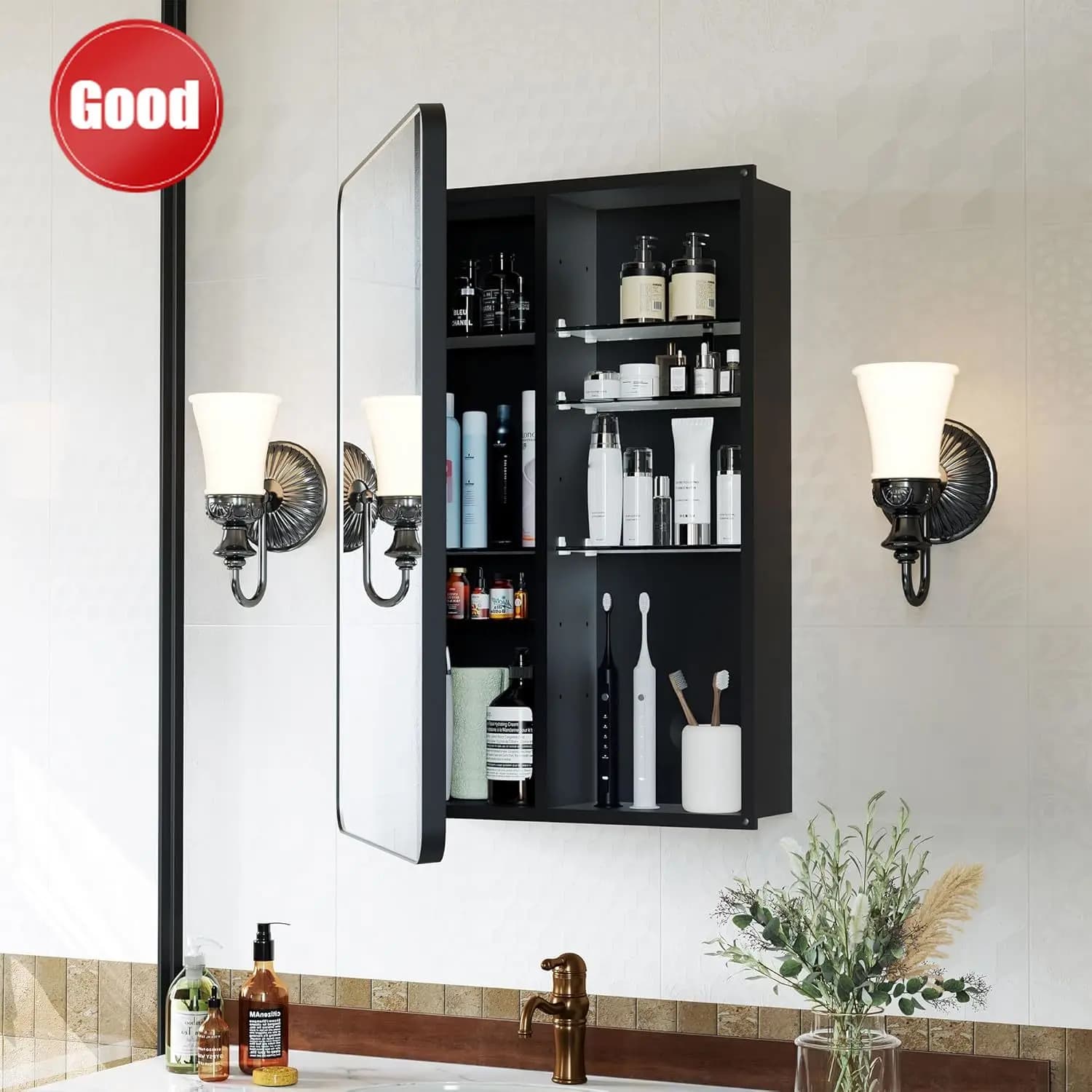 Armadietto Portamedicinali Economico 16x24 Pollici, Armadietto a Specchio da Bagno in Alluminio Nero Opaco con Vano Portaoggetti, 6 Ripiani in Vetro Regolabili