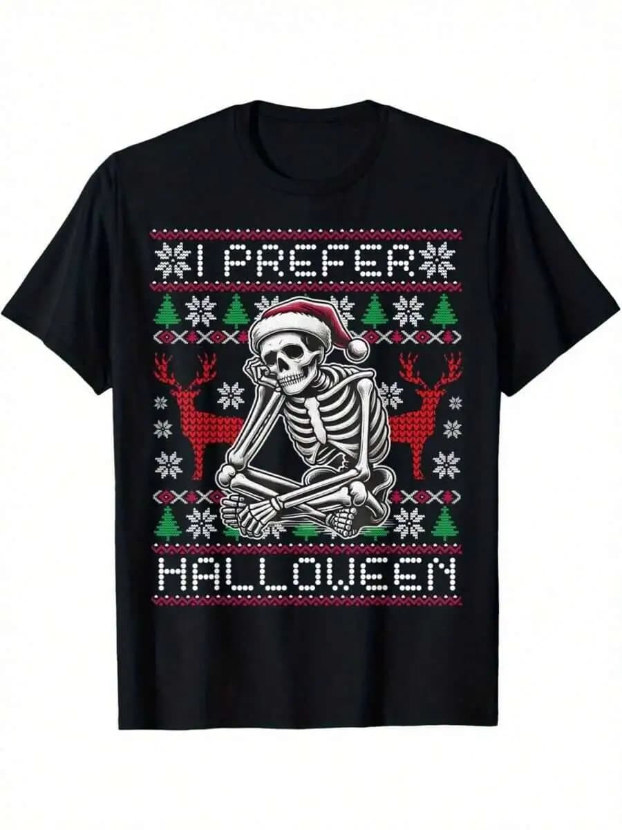 I Prefer Halloween Skeleton Funny Ugly Men T-Shirt 100% Cotton Trendy Y2K Short-Sleeve Tee-Soft, Quick-Drying, Moisture-Wicking;