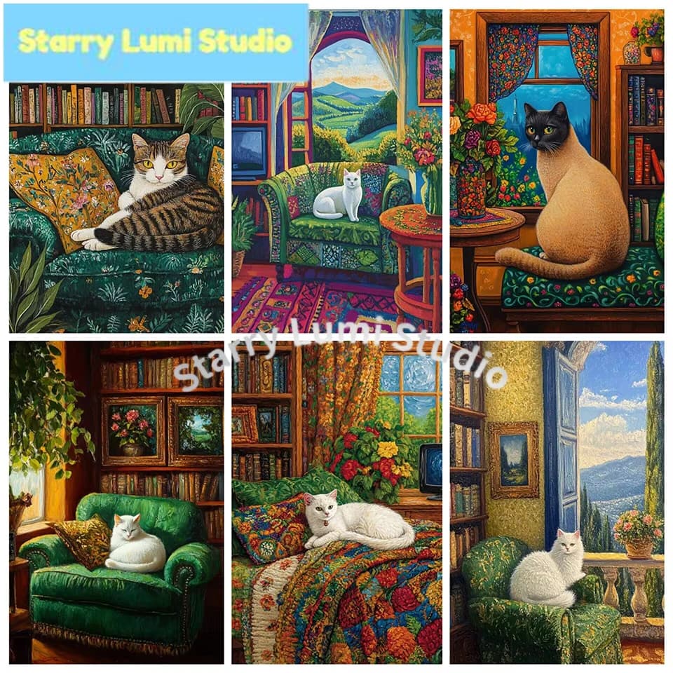 Pittura Diamantata Full Square con Gatto, Mosaico Diamantato Animale, Ricamo Floreale con Strass, Punto Croce, Arte da Parete