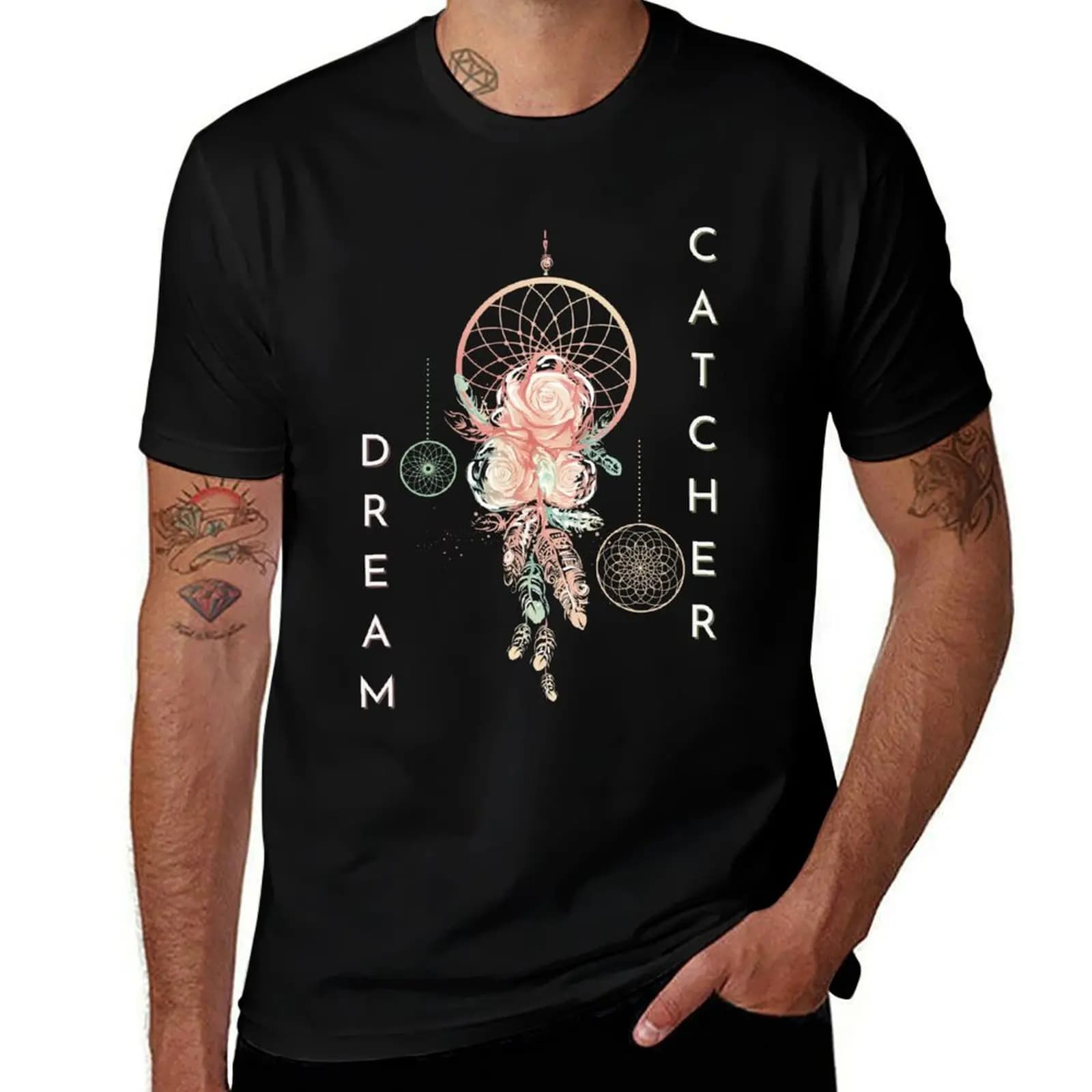 Roses and Feathers Dream Catcher T-Shirt Big and Tall Casual T-Shirt