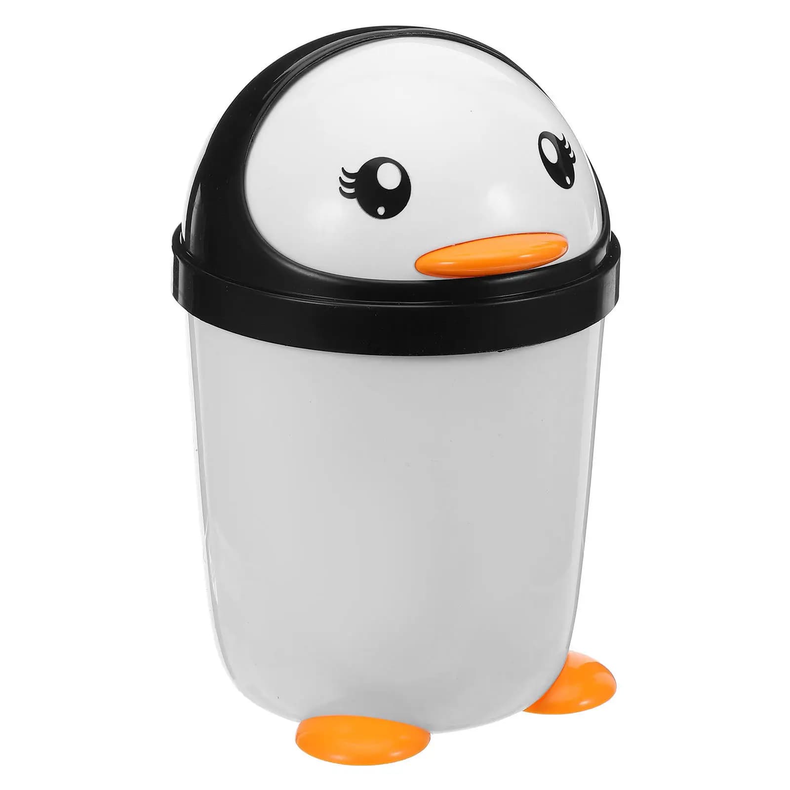 Cestino per rifiuti in plastica con coperchio a dondolo a forma di pinguino, per bambini, per auto, da appoggio per cucina, casa, stanza, scrivania
