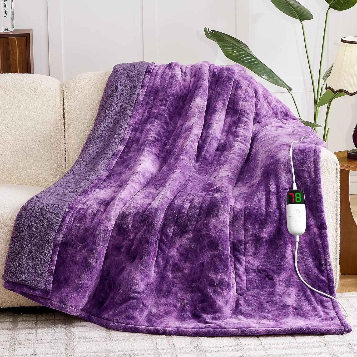 Coperta elettrica riscaldata Sherpa in pelliccia sintetica, 5 timer e 10 livelli di calore, viola 50x60 pollici per divano letto Calore invernale