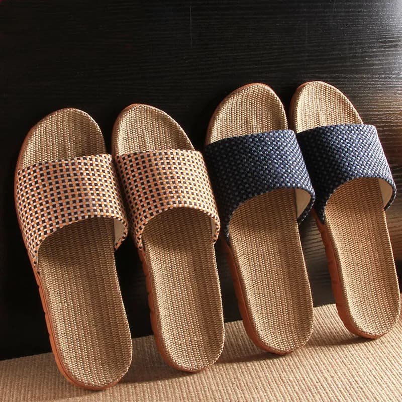 Mntrerm 2023 New Style Home Sandals Indoor Non-Slip Linen Slippers Men's and Women's Flat Slippers Plaid Pattern