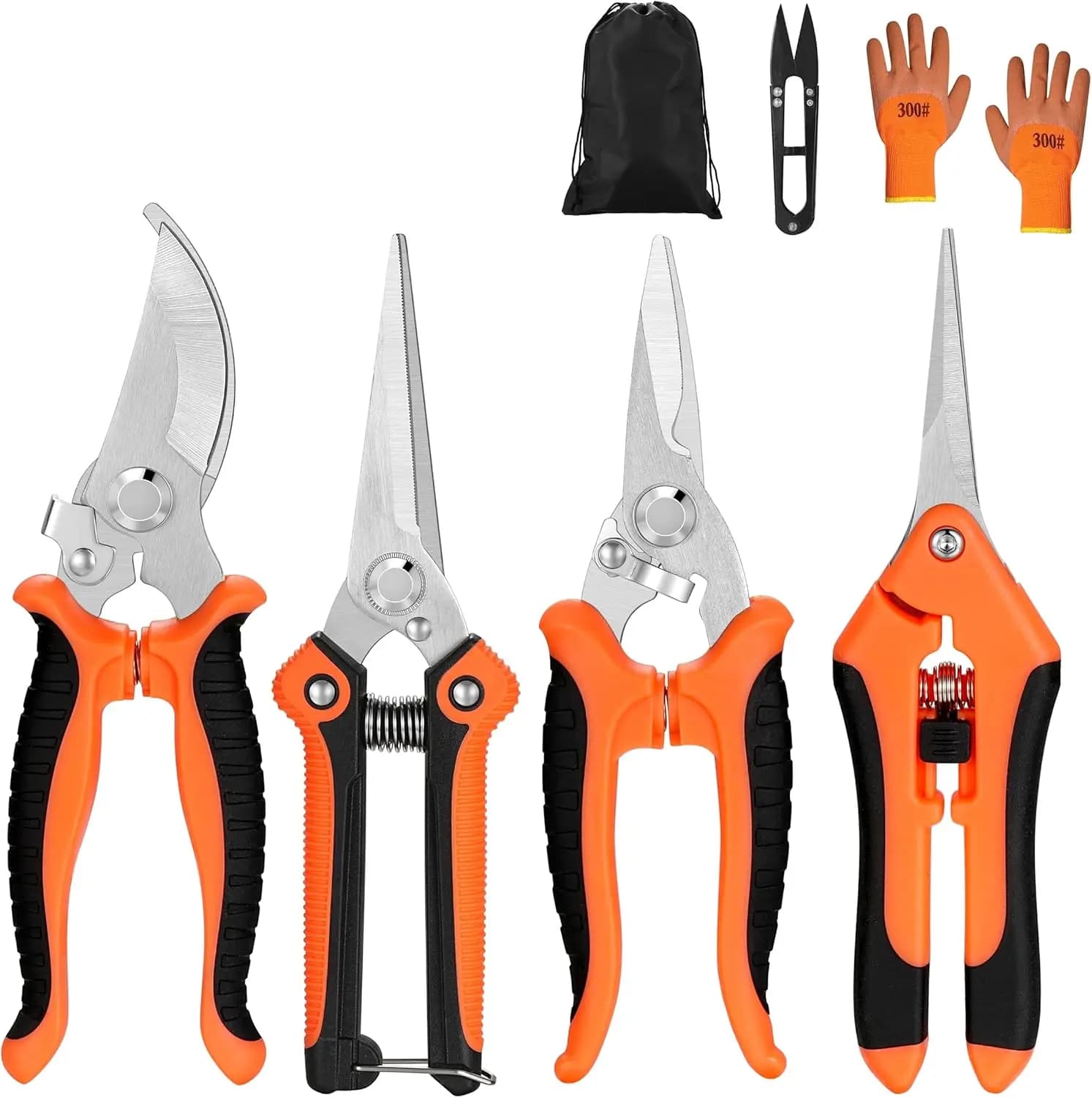 Set of 5 Stainless Steel Gardening Scissors with Gloves, Set of Shears Manual Power Resistant Easy