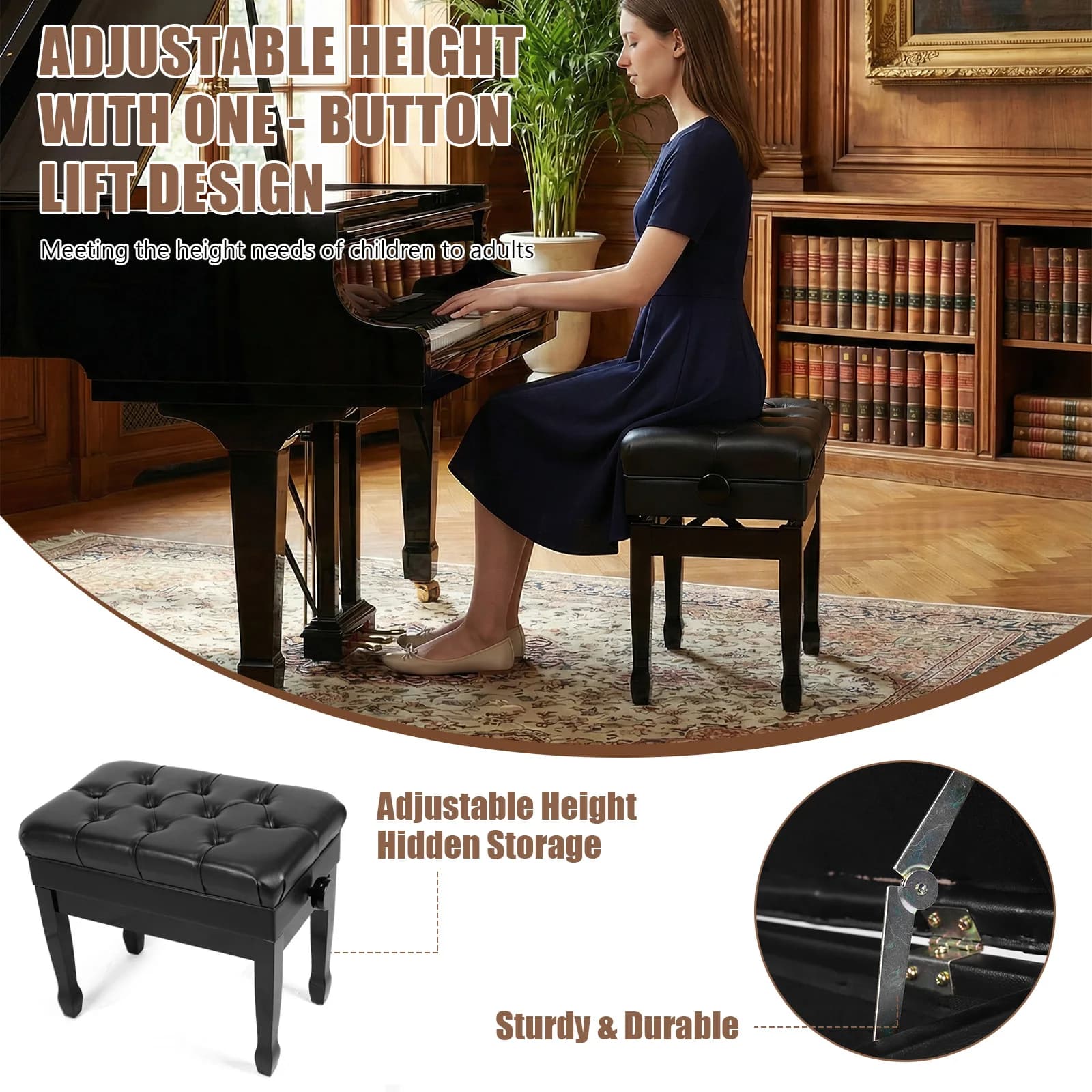 Chair for Piano Resistant with Library, Soft Bearing, Breathable Piano Panels for Home/Sala Music/Aula