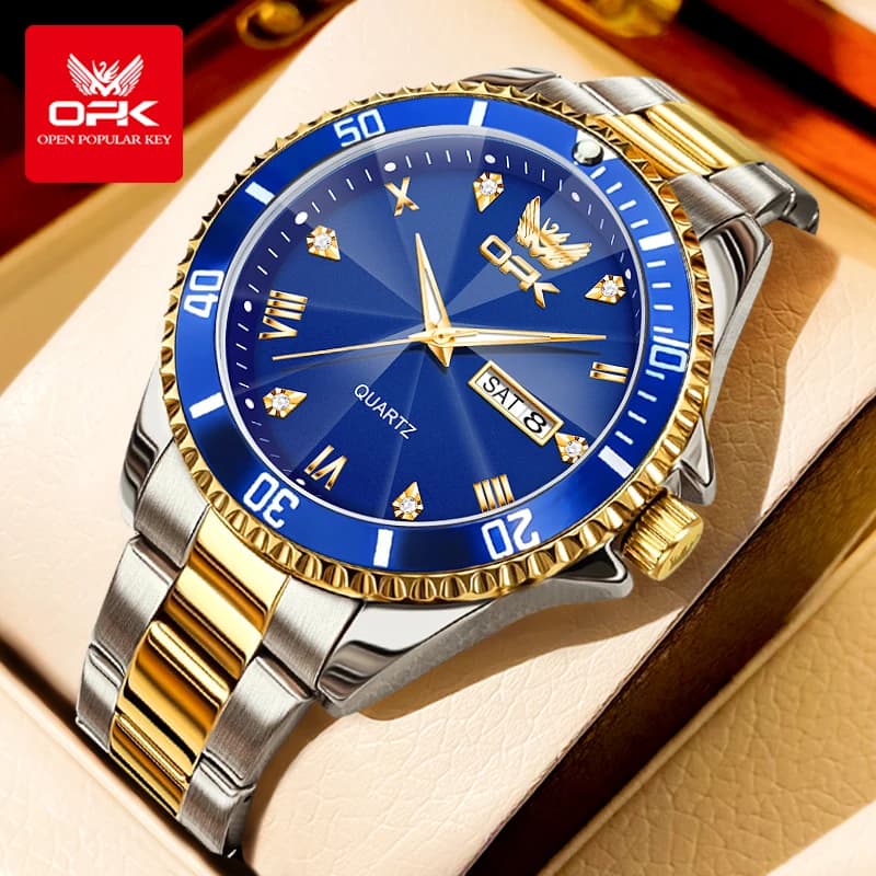 OPK 8171 Orologi da uomo Orologio al quarzo originale semplice e alla moda da uomo, orologio impermeabile con display luminoso con doppio calendario in acciaio inossidabile