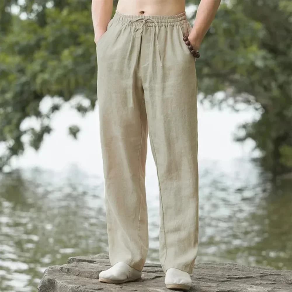Men's oversize wide pants in cotton and summer linen 2025, casual wide pants in plain waist elastic men's artistic style
