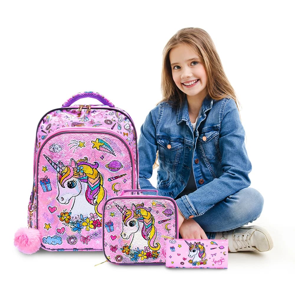 Set di 3 Borse da Viaggio per Bambini, Valigia, Zaino, con Porta Pranzo e Astuccio, Unicorno Rosa con Paillettes, Riflettente Notturno