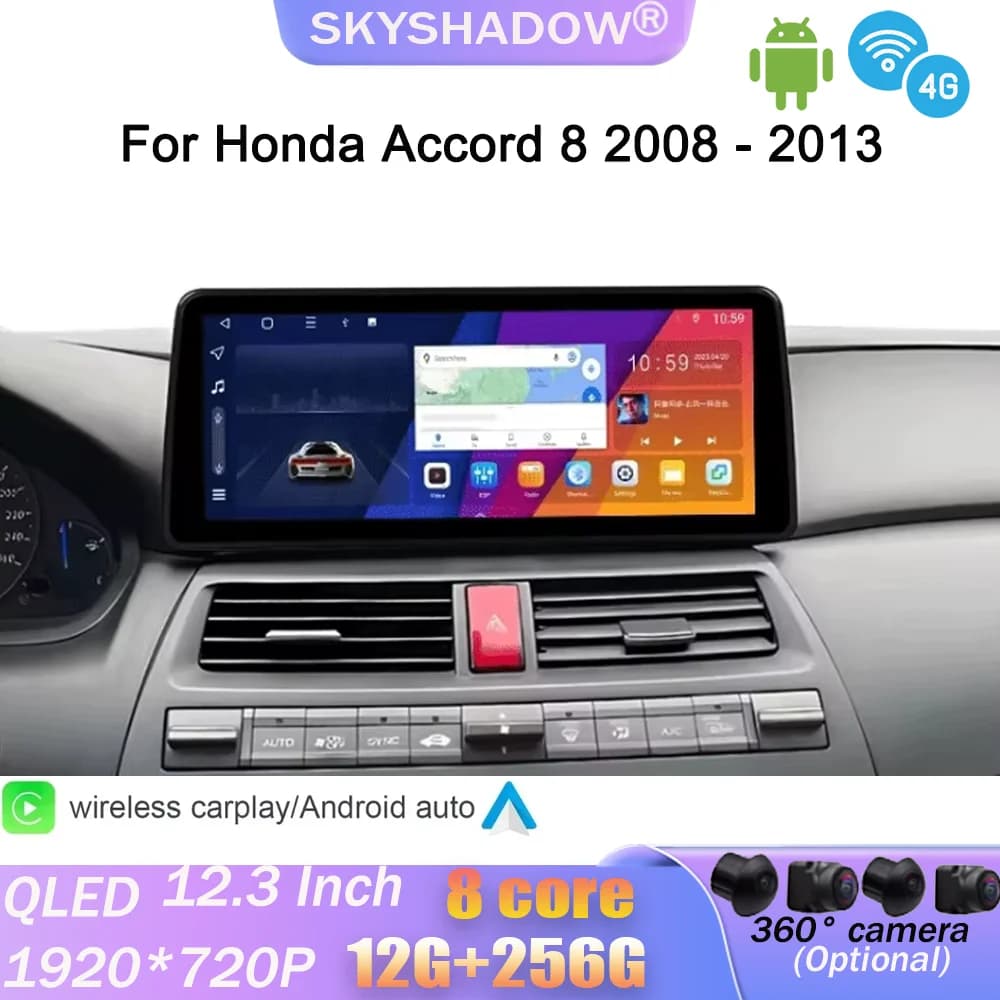 Android 14 Per Honda Accord 8 2008-2012 12.3 "QLED Carplay Lettore per auto GPS DSP WIFI Stereo Auto Radio Navigazione NO 2DIN DVD