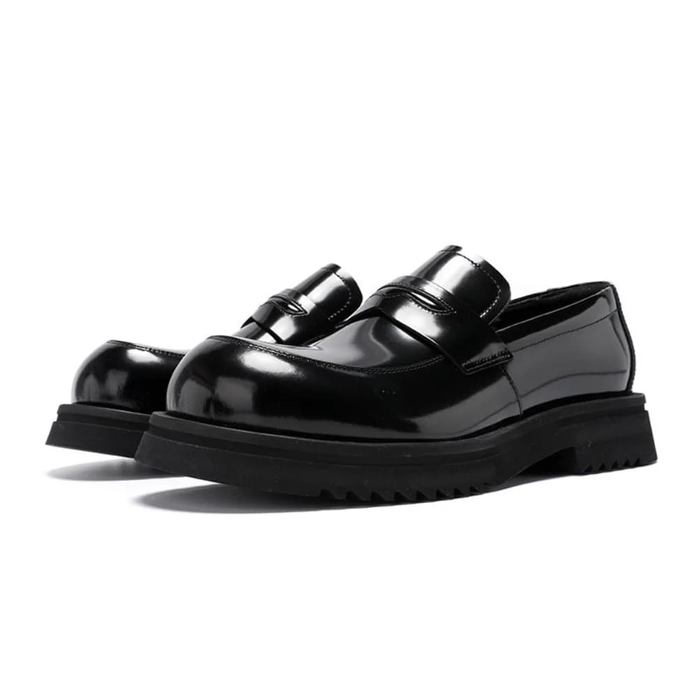 Summer Mens Genuine Leather Thick Sole Loafers Bright Surface Round Head Slip on Fashion Casual Business Dress Shoes