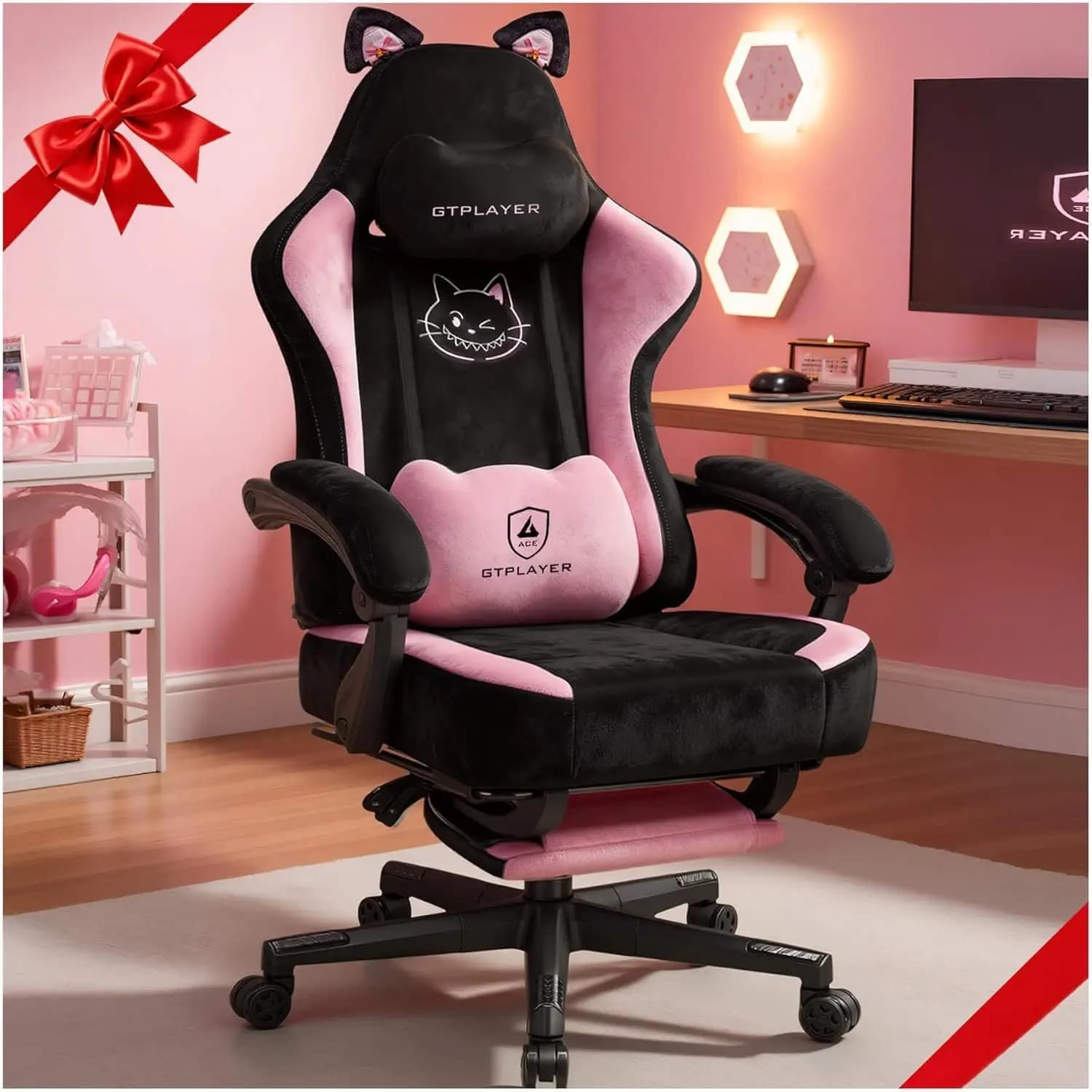 Sedia da Gaming con Orecchie da Gatto e Poggiapiedi, Sedia da Scrivania Ergonomica Reclinabile per Adulti e Adolescenti in Tessuto Morbido, Rosa e Nero
