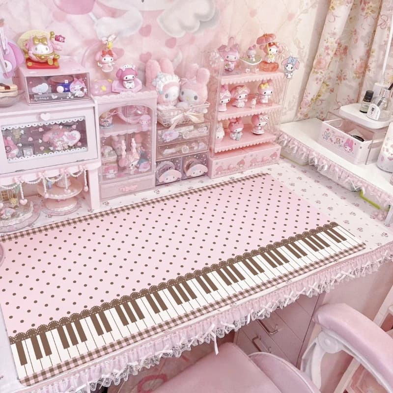 Cute Ins Pink Piano Polka Dot Pu Leather Mouse Pad Waterproof Desk Mat Protective Game Keyboard For Dorm Desk Dressing Table Mat