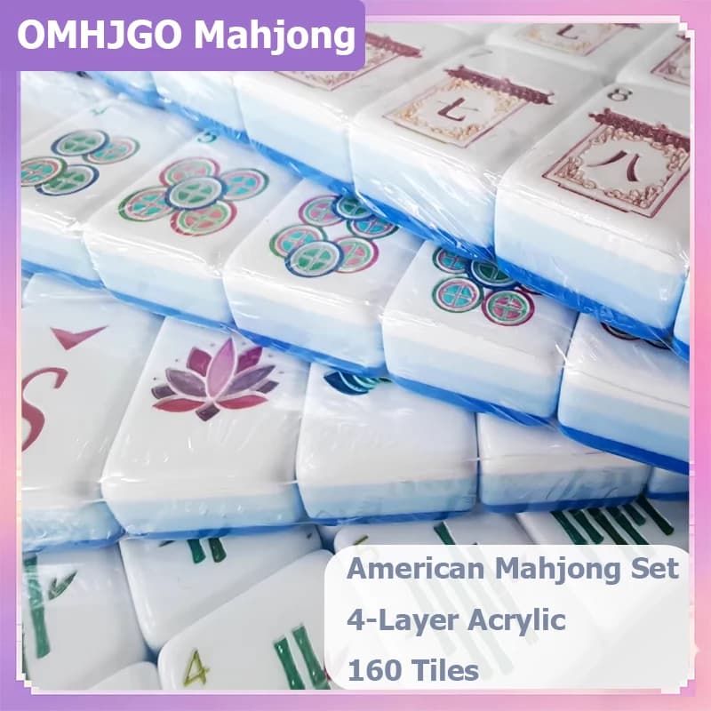 OMHJGO Acrylic Luxury Engraved American Mahjong Set Waterproof Cobalt Blue Mahjong Tiles Leisure Family Games Portable Mah Jongg