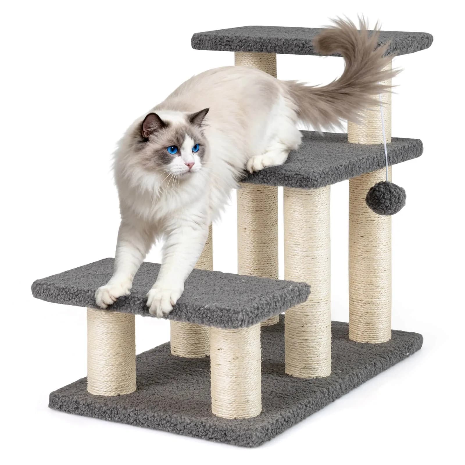 Torre per Gatti 2-in-1 con Posti per Tirare, Giocattoli Sospesi e Sfera, e Piattaforma