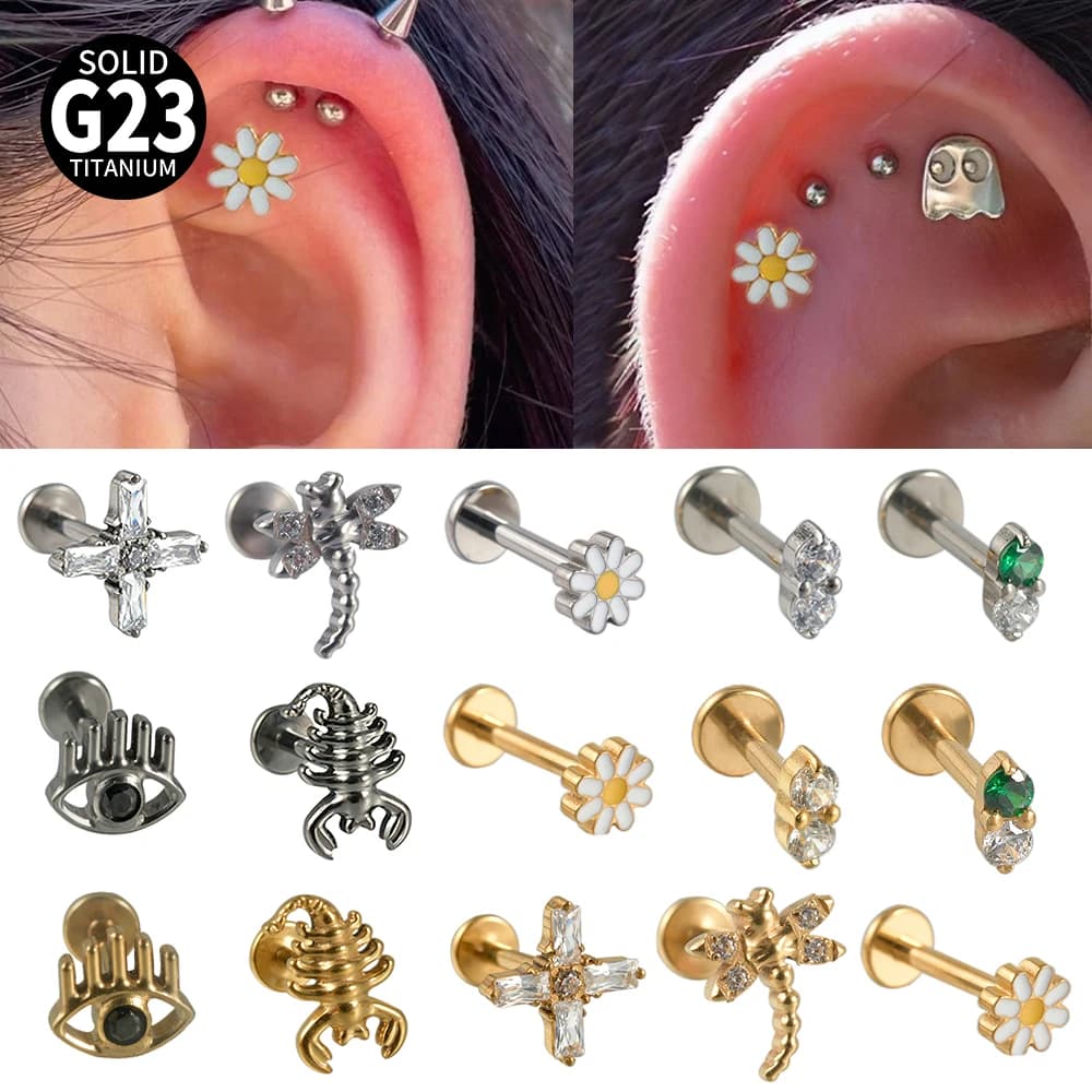 2-1PCS Titanium Daisy Sunflower Ear Stud Earrings Threadless Push In Labret Lip Rings Cross Ear Cartilage Tragus Helix Piercing